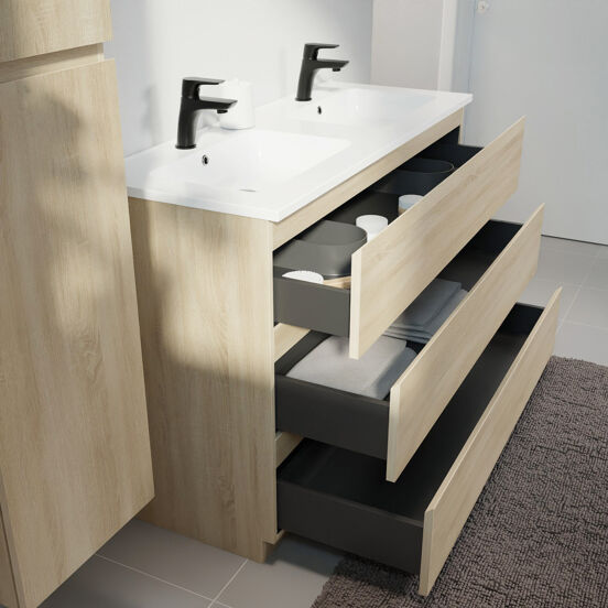 Linie Lado meuble salle de bains à poser 120 x 46 cm chêne blanc avec Vano double vasque en marbre composite blanc brillant