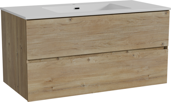 Storke Edge zwevend badmeubel 105 x 52 cm ruw eiken met Diva enkele wastafel in composietmarmer hoogglans wit