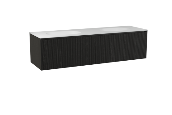 Balmani Fila meuble salle de bains suspendu 180 x 55 cm chêne noir avec Tablo Oval double vasque en solid surface blanc mat, Nervure droite symétrique verticale