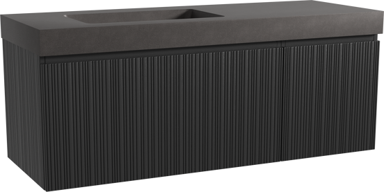 Storke Ribs meuble salle de bains suspendu 140 x 52 cm chêne noir avec Scuro High vasque asymétrique gauche en quartz noir mat, Nervure droite asymétrique verticale
