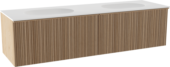 Balmani Forma zwevend badkamermeubel 180 x 55 cm natuur eik met Tablo Oval dubbele wastafel in solid surface mat wit, Verticale asymmetrische ronde ribbel