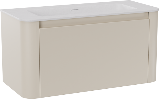 Storke Soft hängendes Möbelstück Set: 100 x 46 cm, Sand Matt, mit Mata Soft Einzelwaschtisch Solid Surface Weiβ matt