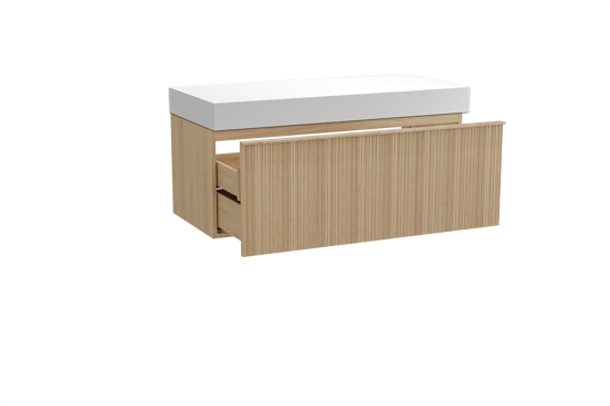 Balmani Forma hängendes Möbelstück Set: 120 x 55 cm, Naturbelassene Eiche, mit Dominus Einzel- oder Doppel Waschtischplatte, Solid Surface, Weiß matt, Vertikale asymmetrische Runde Rippe
