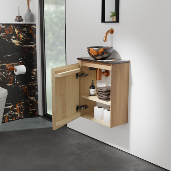 Balmani Mitra zwevend toiletmeubel 42 x 21 cm naturel eiken met Facetta wastafelblad en Bari XS waskom in Portoro Gold marmer