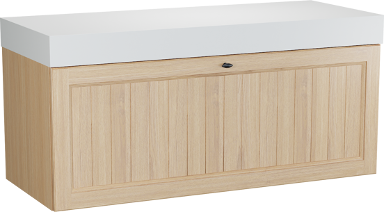 Balmani Lemon zwevend badkamermeubel 135 x 55 cm, fineer natuur eik met Dominus enkel of dubbel tablet in mat wit