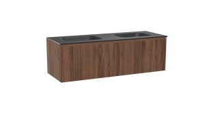 Balmani Fila zwevend badkamermeubel 150 x 55 cm notelaar met Tablo Arcato dubbele wastafel in graniet zwart, Verticale symmetrische rechte ribbel