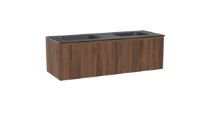Balmani Fila hängendes Möbelstück Set: 150 x 55 cm, Nussbaum, mit Tablo Arcato Doppelwaschtisch, Granit, Schwarzes Granit, Vertikale symmetrische gerade Rippe