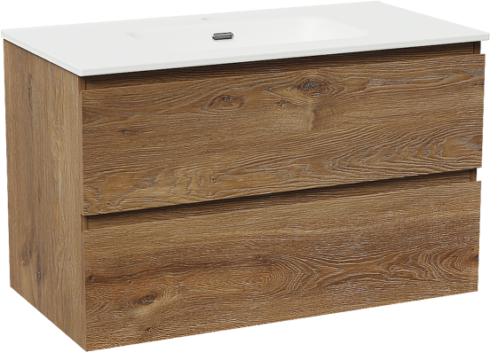 Linie Lado meuble salle de bains suspendu 90 x 46 cm chêne brun avec Baro plan simple en porcelaine blanc mat