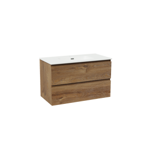 Linie Lado meuble salle de bains suspendu 90 x 46 cm chêne brun avec Baro plan simple en porcelaine blanc mat