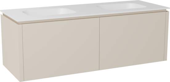 Balmani Eclips zwevend badkamermeubel 150 x 55 cm Sandbeige met Tablo Arcato dubbele wastafel in Solid Surface mat wit