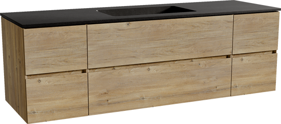 Storke Edge zwevend badmeubel 165 x 52 cm ruw eiken met Scuro enkele wastafel in kwarts mat zwart