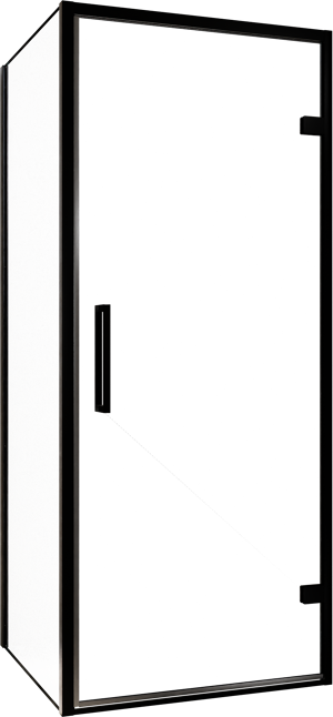 Balmani Senses Design douche en coin avec porte pivotante à droite et paroi latérale fixe, 90 x 90 cm, Verre transparent, Profil noir, coating inclus, coating inclus