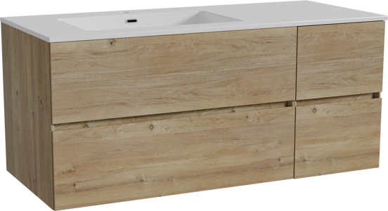Storke Edge meuble salle de bains suspendu 120 x 52 cm chêne brut avec Diva plan vasque asymétrique à gauche en marbre composite blanc brillant