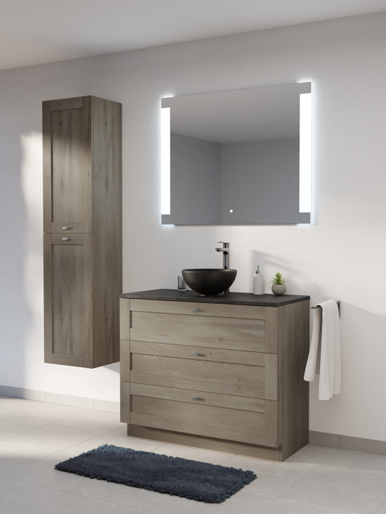 Linie Classo meuble salle de bains à poser 100 x 46 cm chêne gris avec Lado tablette simple ou double en mélaminé ardoise gris