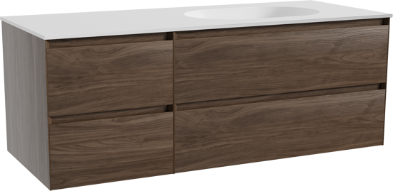 Balmani Mitra meuble salle de bains suspendu 135 x 55 cm noyer américain avec Tablo Oval vasque asymétrique droite en solid surface blanc mat