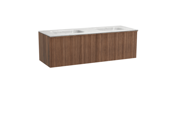 Balmani Forma zwevend badkamermeubel 150 x 55 cm amerikaanse notelaar met Tablo Arcato dubbele wastafel in marmer carrara, Verticale asymmetrische ronde ribbel