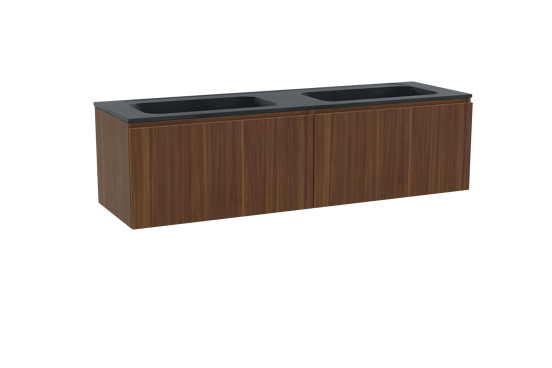 Balmani Sfera hängendes Möbelstück Set: 180 x 55 cm, Amerikanischer Nussbaum, mit Tablo Strada Doppelwaschtisch, Marmorkomposit Schwarz matt