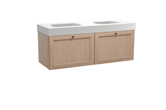 Balmani Lemon zwevend badkamermeubel 150 x 55 cm verweerde eik met Arcato dubbele wastafel in solid surface mat wit