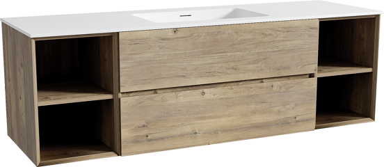 Storke Edge hängendes Möbelstück Set: 165 x 52 cm, Rohe Eiche, mit Mata Einzelwaschtisch, Solid Surface Weiß matt
