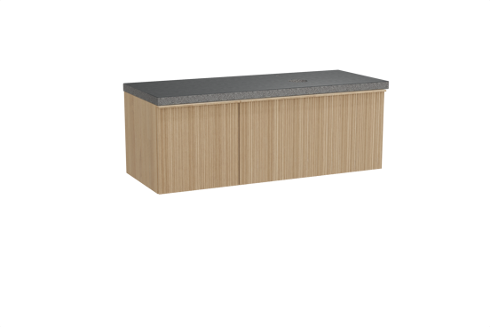 Balmani Forma meuble salle de bains suspendu 135 x 55 cm chêne naturel avec Rock vasque asymétrique droite en granit noir, Nervure circulaire asymétrique verticale