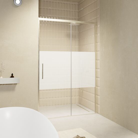 Balmani Senses Design Dusche Schiebetür, Rechts, 160 cm x 210 cm, Klarglas mit mattiertem Streifen, Profil Brushed CoolMetal