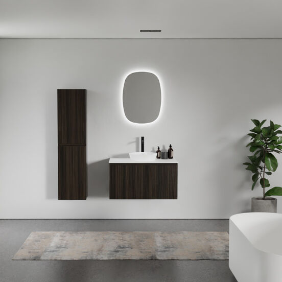 Balmani Sfera zwevend badkamermeubel 90 x 55 cm eucalyptus met Stretto enkel tablet in solid surface mat wit