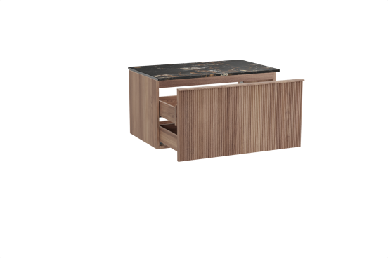 Balmani Forma hängendes Möbelstück Set: 90 x 55 cm, Teak, mit Stretto Einzel Waschtischplatte, Marmor, Portoro Gold, Vertikale symmetrische gerade Rippe
