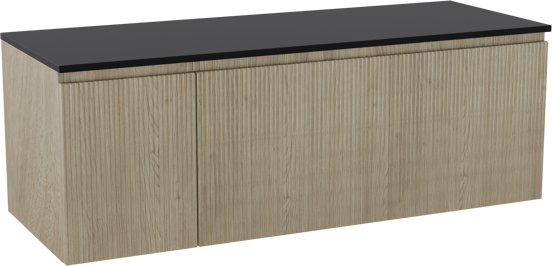 Storke Ribs zwevend badkamermeubel 140 x 52 cm ruwe eik met Panton enkel of dubbel tablet in gepoedercoate mdf mat zwart, Verticale symmetrische rechte ribbel