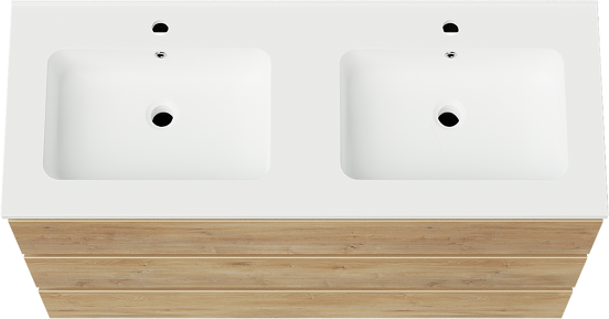 Linie Lado freistehendes Möbelstück Set: 120 x 46 cm, Naturbelassene Eiche, mit Vano Doppelwaschtisch, Marmorkomposit Weiß matt