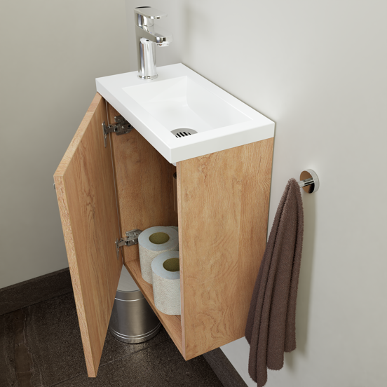 SanyOne Roxy hängendes Badmöbel Set (Gäste WC): 40 x 22 cm, Eiche Natur, Roxy Waschtisch, Marmorkomposit, glänzend