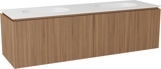 Balmani Eclips zwevend badkamermeubel 180 x 55 cm Teak met Tablo Oval dubbele wastafel in Solid Surface mat wit, Verticale symmetrische rechte ribbel