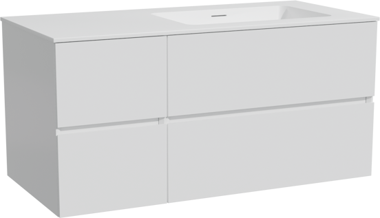 Storke Edge meuble salle de bains suspendu 110 x 52 cm blanc brillant avec Mata plan vasque asymétrique à droite en solid surface blanc mat