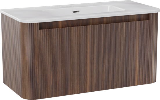 Storke Soft zwevend badkamermeubel 100 x 46 cm notelaar met Kera Soft enkele wastafel in porselein glanzend wit, Verticale symmetrische rechte ribbel