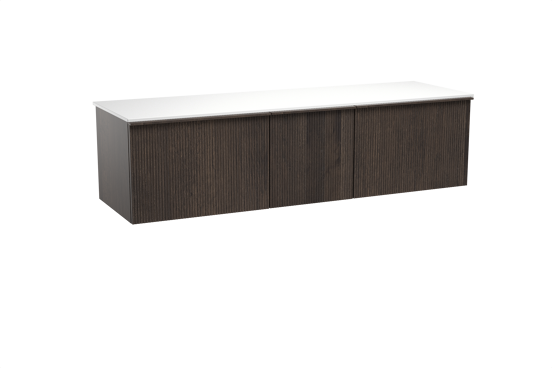 Balmani Forma zwevend badkamermeubel 180 x 55 cm gerookte eik met Stretto enkel of dubbel tablet in solid surface mat wit, Verticale symmetrische rechte ribbel