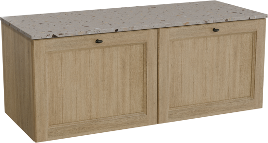 Balmani Lemon zwevend badkamermeubel 135 x 55 cm verweerde eik met Stretto enkel of dubbel tablet in terrazzo greige terrazzo