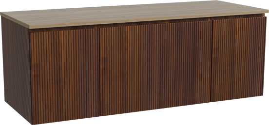 Storke Ribs zwevend badkamermeubel 135 x 52 cm notelaar met Panton enkel of dubbel tablet in melamine ruwe eik, Verticale symmetrische rechte ribbel