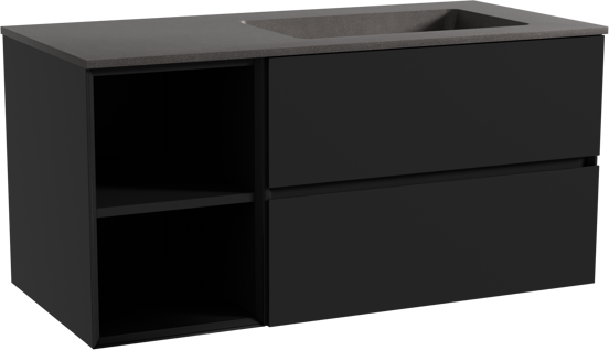 Storke Edge meuble salle de bains suspendu 110 x 52 cm noir mat avec Scuro plan vasque asymétrique à droite en quartz noir mat