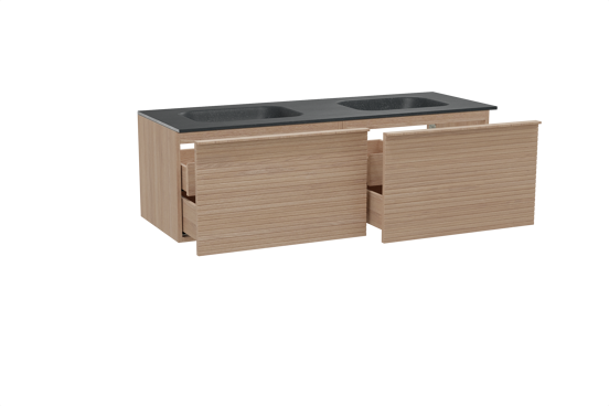 Balmani Forma meuble salle de bains suspendu 150 x 55 cm chêne naturel avec Tablo Arcato double vasque en granit noir, Nervure droite symétrique horizontale