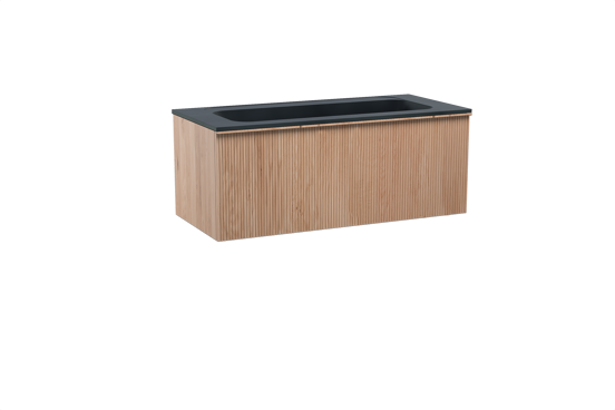 Balmani Forma meuble salle de bains suspendu 120 x 55 cm chêne naturel avec Tablo Strada lavabo simple pour 2 trous de robinet en marbre composite noir mat, Nervure droite symétrique verticale
