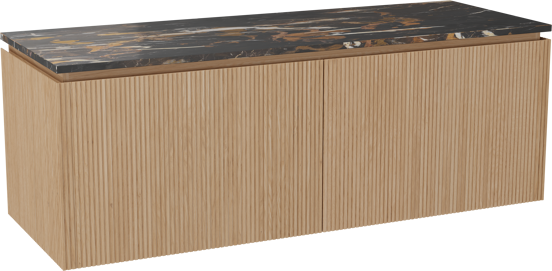 Balmani Eclips hängendes Möbelstück Set: 150 x 55 cm, Eiche Natur, mit Stretto Einzel- oder Doppel Waschtischplatte Portoro Gold Marmor, Vertikale symmetrische gerade Rippe
