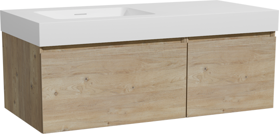 Storke Edge zwevend badkamermeubel 110 x 52 cm ruwe eik met Mata High asymmetrisch linkse wastafel in solid surface mat wit