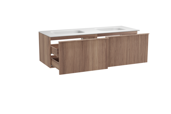 Balmani Forma zwevend badmeubel 150 x 55 cm teakhout met Tablo Arcato dubbele wastafel in solid surface mat wit, Verticale symmetrische rechte ribbel