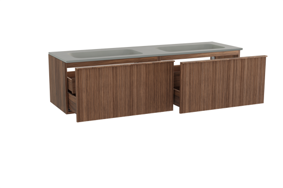 Balmani Forma hängendes Möbelstück Set: 180 x 55 cm, Amerikanischer Nussbaum, mit Tablo Strada Doppelwaschtisch, Marmorkomposit, Seidengrau, Vertikale asymmetrische Runde Rippe