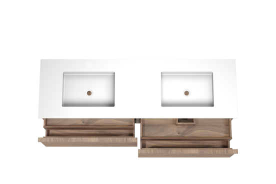 Balmani Forma hängendes Möbelstück Set: 180 x 55 cm, Amerikanischer Nussbaum, mit Tablo Stretto Doppelwaschtisch, Solid Surface, Weiß matt, Horizontale symmetrische gerade Rippe