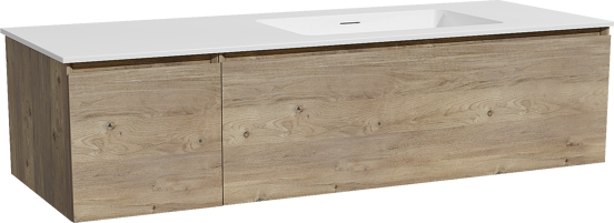 Storke Edge meuble salle de bains suspendu 140 x 52 cm chêne brut avec Mata plan vasque asymétrique à droite en solid surface blanc mat