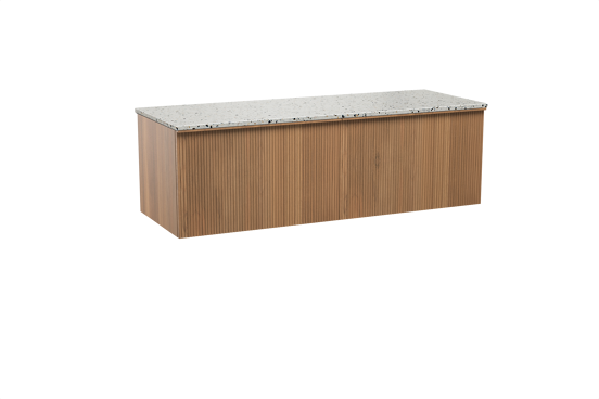 Balmani Forma zwevend badmeubel 150 x 55 cm teakhout met Stretto enkel of dubbel wastafelblad in mat wit/zwart terrazzo, Verticale symmetrische rechte ribbel