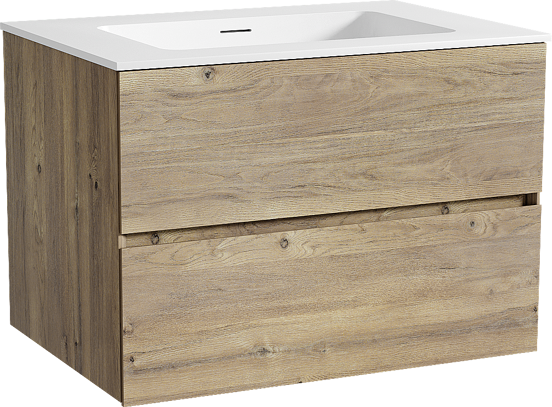 Storke Edge zwevend badmeubel 75 x 52 cm ruw eiken met Mata enkele wastafel in solid surface mat wit