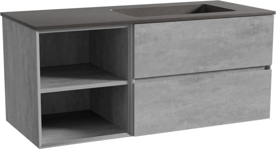 Storke Edge zwevend badmeubel 120 x 52 cm beton donkergrijs met Scuro asymmetrisch rechtse wastafel in kwarts mat zwart