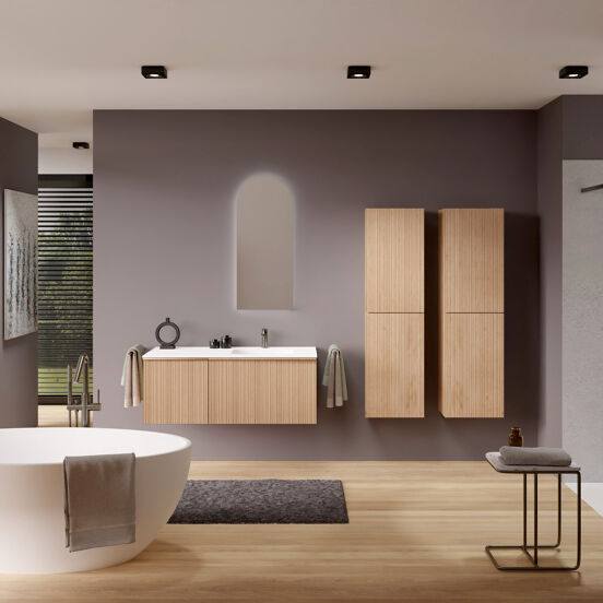 Balmani Forma zwevend badmeubel 120 x 55 cm naturel eiken met Tablo Arcato asymmetrisch rechtse wastafel in solid surface mat wit, Verticale asymmetrische ronde ribbel