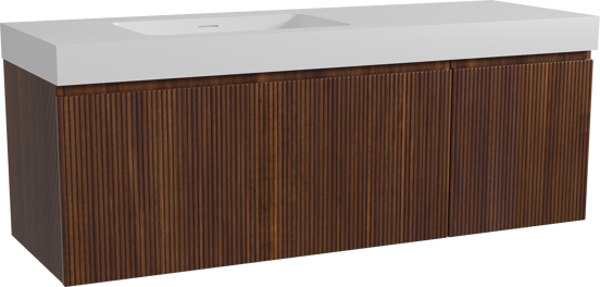 Storke Ribs hängendes Möbelstück Set: 150 x 52 cm, Nussbaum, mit Mata High Waschtisch links, Solid Surface, Weiß matt, Vertikale symmetrische gerade Rippe